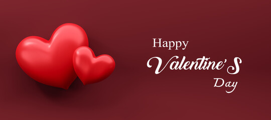Happy Valentine's day text, Valentines Day greeting card template with red heart on red background, Romantic postcard, card, invitation, banner template, celebration card, 3d rendering illustration.