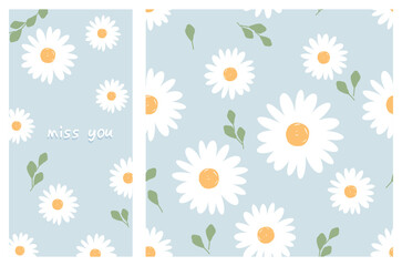 Seamless pattern with daisy flower and green leaves on blue background vector.