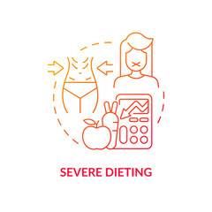 Severe dieting red gradient concept icon. Food intake avoidance. Unhealthy weight loss abstract idea thin line illustration. Isolated outline drawing. Roboto-Medium, Myriad Pro-Bold fonts used