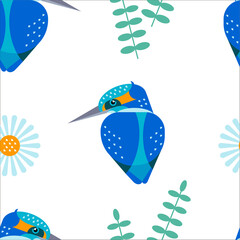 Bird and chamomile seamless pattern