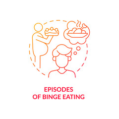 Episodes of binge eating red gradient concept icon. Bulimia sign. Eat food large portions abstract idea thin line illustration. Isolated outline drawing. Roboto-Medium, Myriad Pro-Bold fonts used