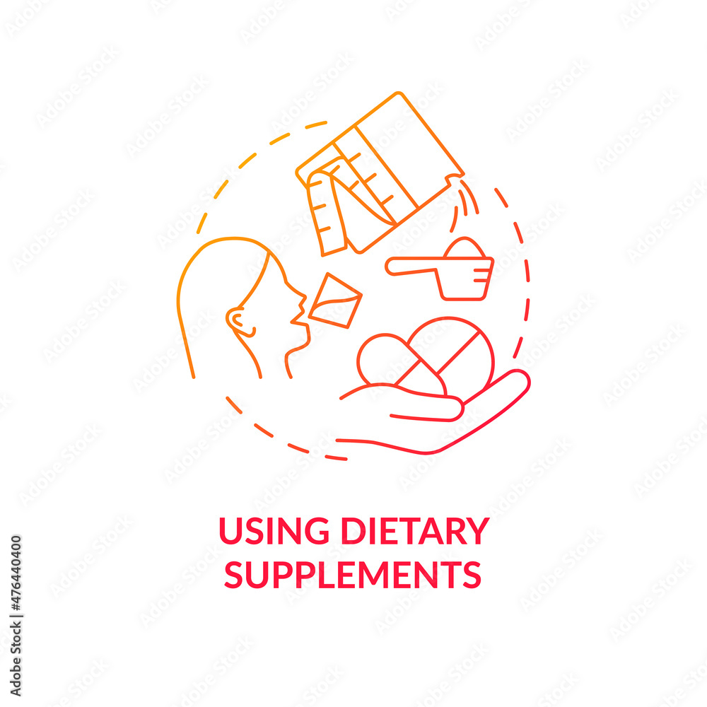 Poster using dietary supplements red gradient concept icon. health improving pills. food additive abstract 