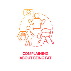 Complaining about being fat red gradient concept icon. Self acceptance lack abstract idea thin line illustration. Isolated outline drawing. Roboto-Medium, Myriad Pro-Bold fonts used