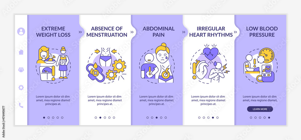 Poster anorexia symptoms purple and white onboarding template. irregular heart rhythms. responsive mobile w