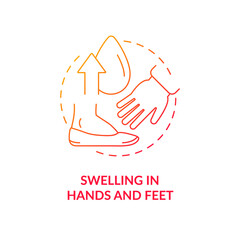 Swelling in hands and feet red gradient concept icon. Body parts puffiness. Limbs edema abstract idea thin line illustration. Isolated outline drawing. Roboto-Medium, Myriad Pro-Bold fonts used