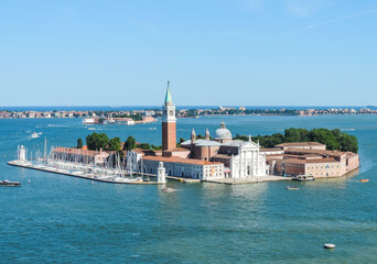 Fototapeta na wymiar Broad day view of San Giorgio Island from a viewpoint at the top of the Campanile di San Marco (San Marco's Bell Tower) - Venice, Italy