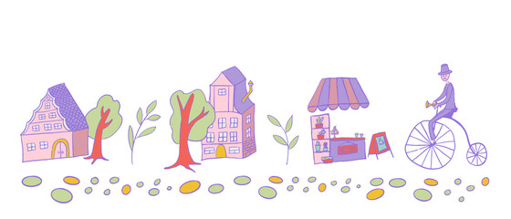 Set of buildings and vintage bike with gentleman in doodle style