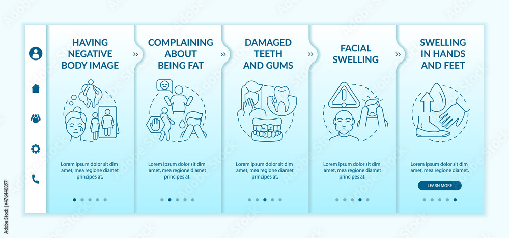 Poster signs of bulimia turquoise gradient onboarding template. swelling in hands. responsive mobile websit