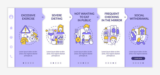 Anorexia emotional and behavioral symptoms purple and white onboarding template. Responsive mobile website with linear concept icons. Web page walkthrough 5 step screens. Lato-Bold, Regular fonts used - obrazy, fototapety, plakaty