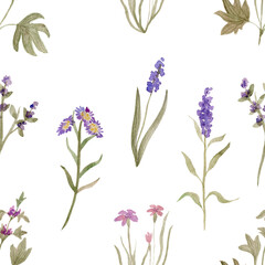 Obraz na płótnie Canvas Meadow, forest, wild herbs. Watercolor illustration. Seamless pattern.