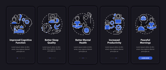 Waking up early benefits night mode onboarding mobile app screen. Energy walkthrough 5 steps graphic instructions pages with linear concepts. UI, UX, GUI template. Myriad Pro-Bold, Regular fonts used