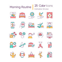 Morning routine RGB color icons set. Activities for positive day start. Isolated vector illustrations. Simple filled line drawings collection. Editable stroke. Quicksand-Light font used