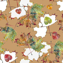 Watercolor autumn leaves with hearts.  Autumn seamless pattern.