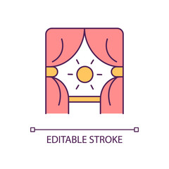 Open curtains and shining sun RGB color icon. Positive day start. Happy morning time. Wellbeing lifestyle. Isolated vector illustration. Simple filled line drawing. Editable stroke. Arial font used