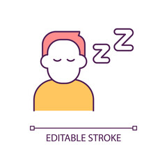 Sleeping man RGB color icon. Tired person suffering of sleep lack. Unhealthy lifestyle way. Isolated vector illustration. Simple filled line drawing. Editable stroke. Arial font used