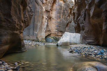 Iconic House Rock guards the Narrows section of the North Fork Virgin River, in Zion National Park, Utah.