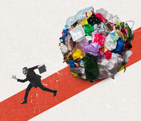 Man running away of plastic garbage, environmental pollution. Modern design. Contemporary...