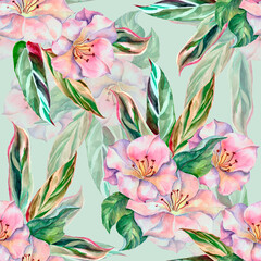 Watercolor floral seamless pattern with spring flowers and tropical leaves.