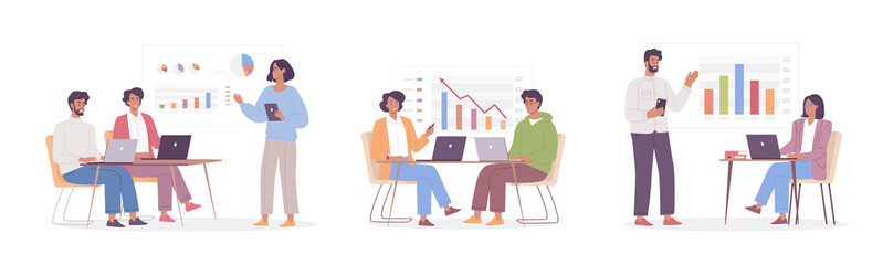 Young people work in the office and make presentations to colleagues