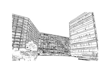 Building view with landmark of Le Havre is the 
commune in France. Hand drawn sketch illustration in vector.