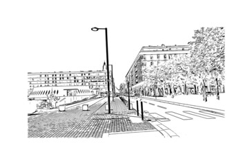 Building view with landmark of Le Havre is the 
commune in France. Hand drawn sketch illustration in vector.