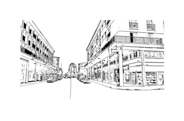 Building view with landmark of Le Havre is the 
commune in France. Hand drawn sketch illustration in vector.