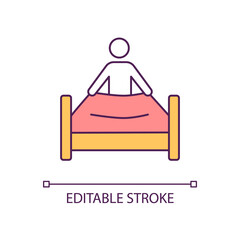 Making bed RGB color icon. Everyday morning routine. Household and chores. Order in bedroom. Isolated vector illustration. Simple filled line drawing. Editable stroke. Arial font used