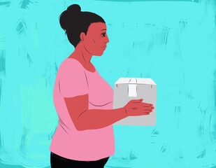 Happy woman carrying a box to send in the email - obrazy, fototapety, plakaty