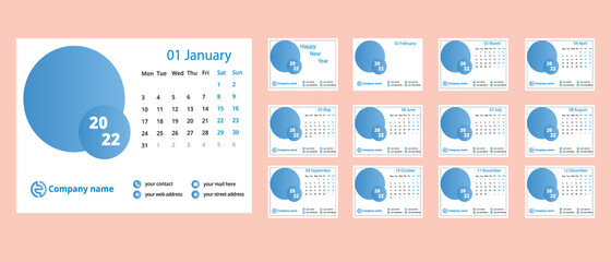 Blue,white desk calendar 2022 with minimal design template vector