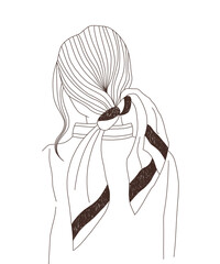 Beautiful fashion woman with a scarf in her hair. Modern lineart illustration on white background - 476442448