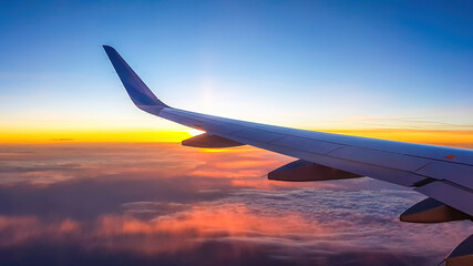 A colorful sunrise seen from the plane window. Sun is raising from the clouds, painting them pink...
