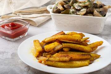 Fried potatoes with onions. Rustic potatoes with onions. traditional russian food