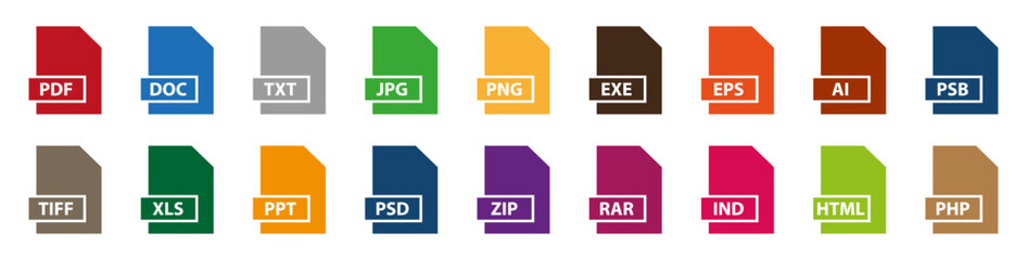 File icon set. Collection of file or folder icons with different document file types. Document vector icons for popular file extensions.