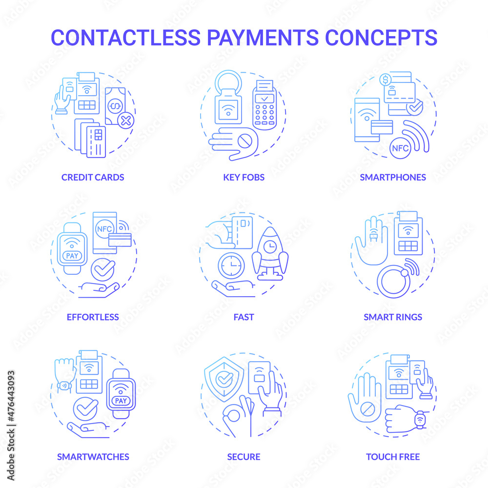 Sticker Contactless payments blue gradient concept icons set. Smart service. Touchless system idea thin line color illustrations. Isolated outline drawings. Roboto-Medium, Myriad Pro-Bold fonts used