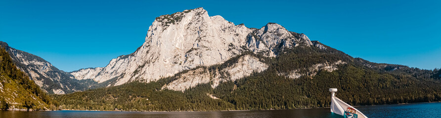 High resolution stitched panorama of a beautiful alpine summer view at the famous Ausseer See lake near Altaussee, Steiermark, Austria