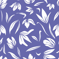Abstract botanical elements seamless repeat pattern on very peri lilac background. Random placed, vector flowers and leaves all over surface print.