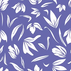 Printed roller blinds Very peri Abstract botanical elements seamless repeat pattern on very peri lilac background. Random placed, vector flowers and leaves all over surface print.