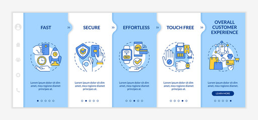 Benefits of contactless payments blue and white onboarding template. Responsive mobile website with linear concept icons. Web page walkthrough 5 step screens. Lato-Bold, Regular fonts used