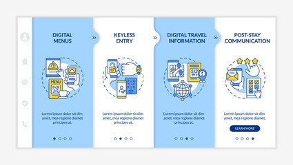 Contactless technology for hotels blue and white onboarding template. Responsive mobile website with linear concept icons. Web page walkthrough 4 step screens. Lato-Bold, Regular fonts used