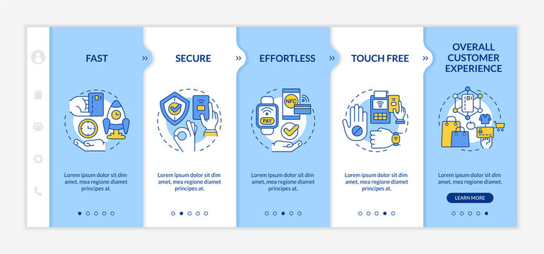 Benefits of contactless payments blue and white onboarding template. Responsive mobile website with linear concept icons. Web page walkthrough 5 step screens. Lato-Bold, Regular fonts used