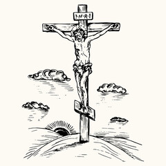 Jesus Christ crucified, Golgotha landscape with dark sun and clouds. Ink black and white doodle drawing in woodcut style with inscription.