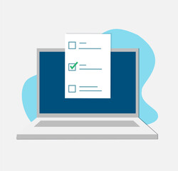 Checklist document in laptop.Online quiz or done test, feedback or workplace table