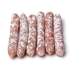 Row of dry smoked salami sticks close up for a snack isolated on white background