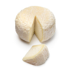 Single French goat cheese, Crottin de pays, and a piece isolated on white background