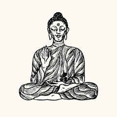 Buddah meditating. Ink black and white doodle drawing in woodcut style with inscription.