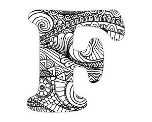 Alphabet mandala pattern, Mandala Style Letters F, Alphabet letter coloring book for adults vector illustration