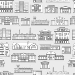 Seamless vector pattern with city buildings on a gray background.Outline style.	