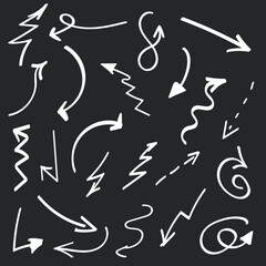 Set of white arrows on a black background. Hand drawn arrows. Doodle Vector illustration