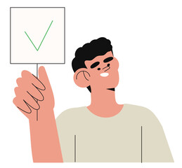 Cartoon vector illustration of Yes No banner. Human character hold placard in hand on white background. Test question. Choice hesitate, dispute, opposition, choice, dilemma, opponent view.