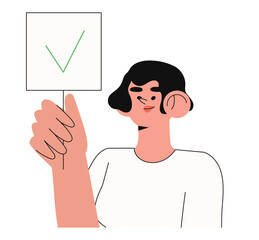 Cartoon vector illustration of Yes No banner. Human character hold placard in hand on white background. Test question. Choice hesitate, dispute, opposition, choice, dilemma, opponent view.